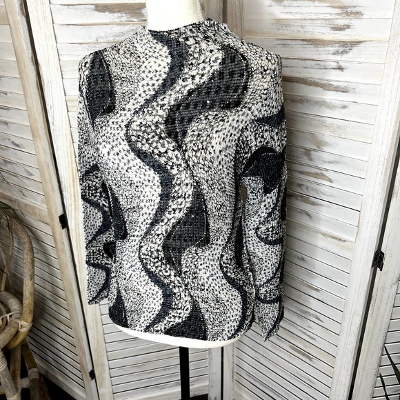 ALBERTO MAKALI Women's Crinkle Sequin Leopard Animal Print Top Blous Black White - Picture 5 of 15